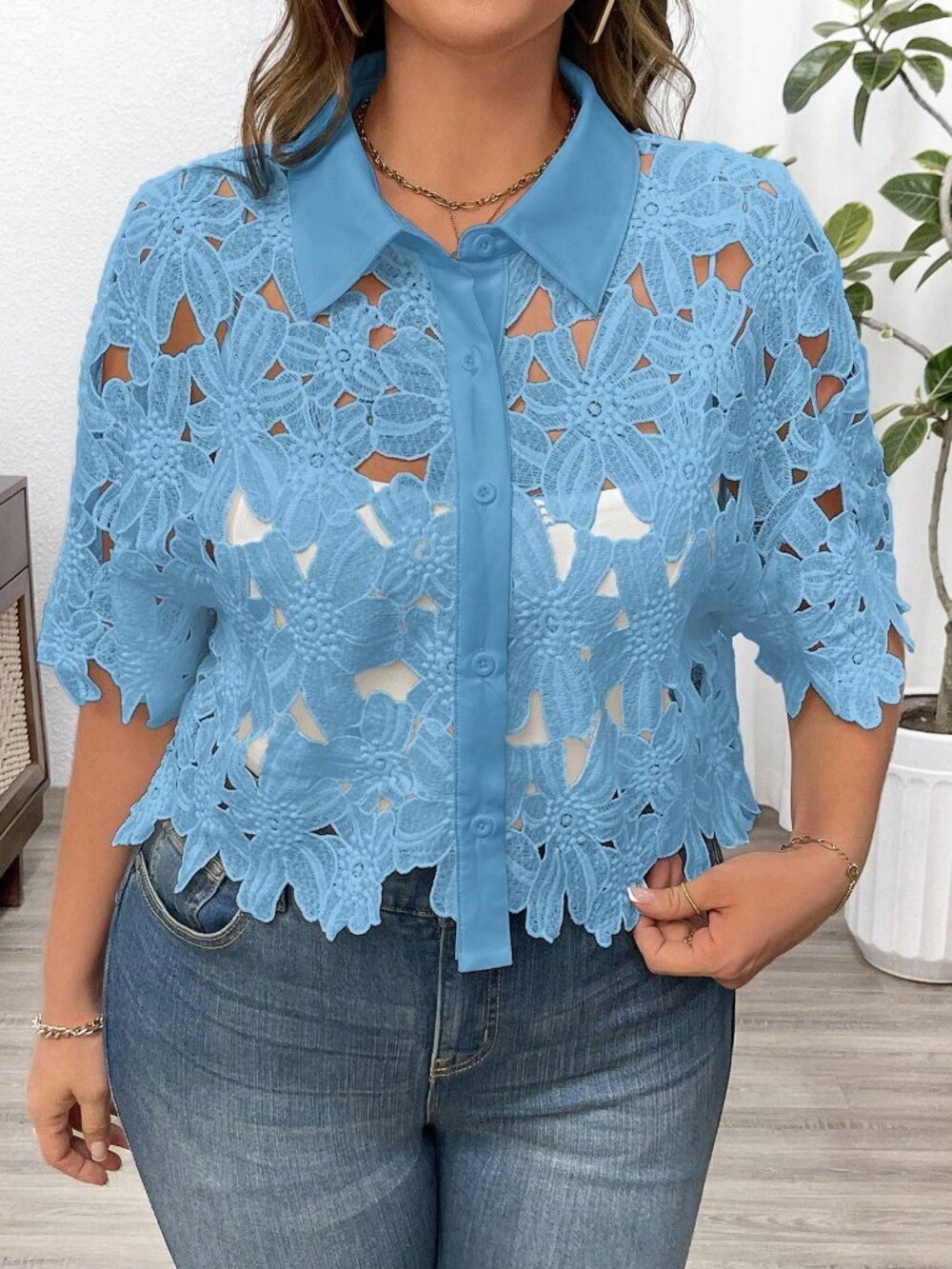 Blue Casual Women's Plus Size Floral Lace Hollow Out Blouse